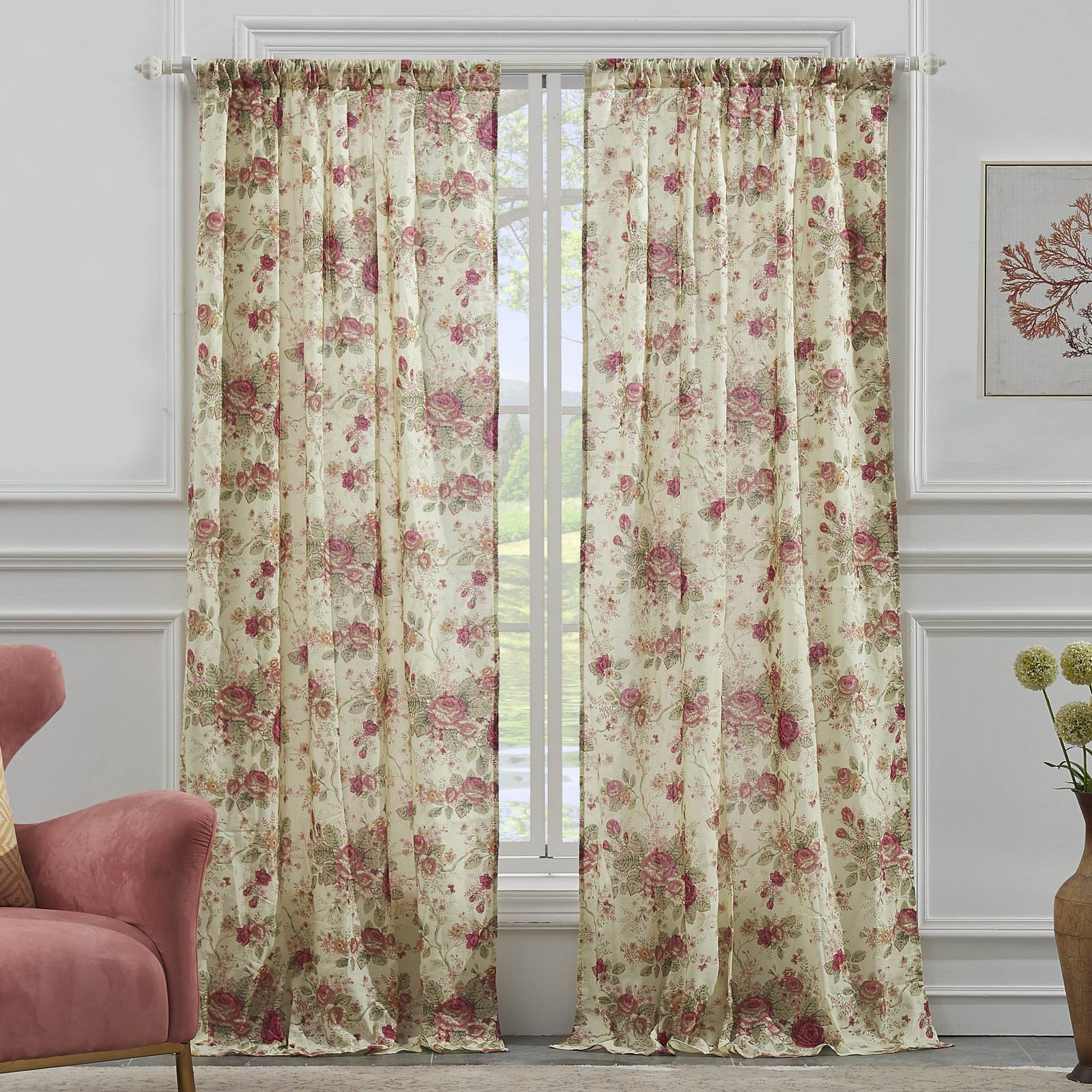 Antique Rose Nature/Floral Sheer Rod Pocket Curtain Panels, Ecru