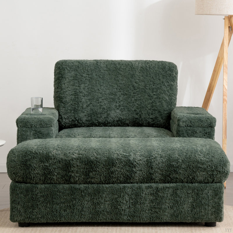 Oversized Chaise Lounge Indoor,Faux Rabbit Fur Sofa Bed with Storage Ottoman and Armrests, Green