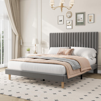 QUEEN Velvet Upholstered Platform Bed with Adjustable Channel-Tufted Headboard, Wooden Slat Support and No Box Spring Needed for Modern Bedrooms