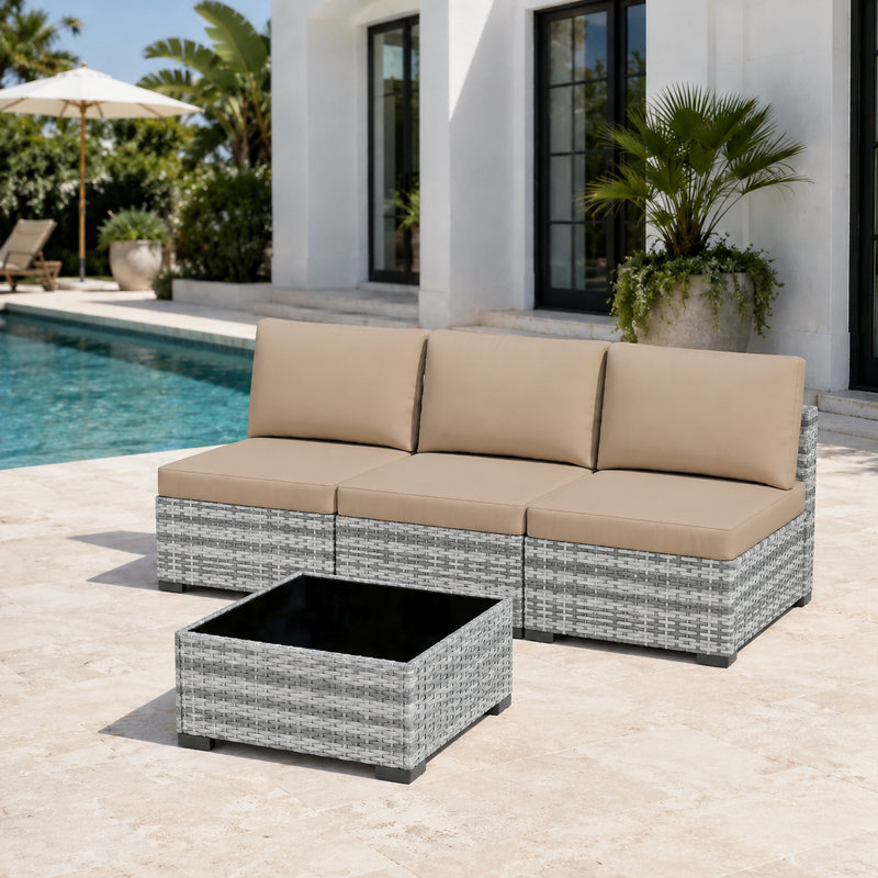 Ensemble de patio en rotin 4 pièces avec coussins, Gris / Kaki, 4 pièces