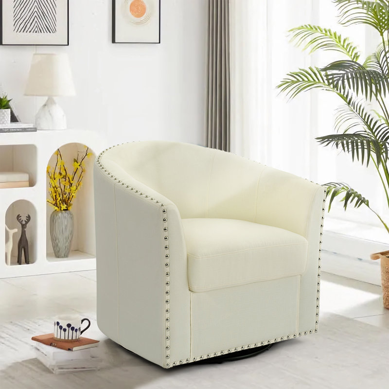 Aunna Nailhead Swivel Barrel Chair, White Polyester Blend