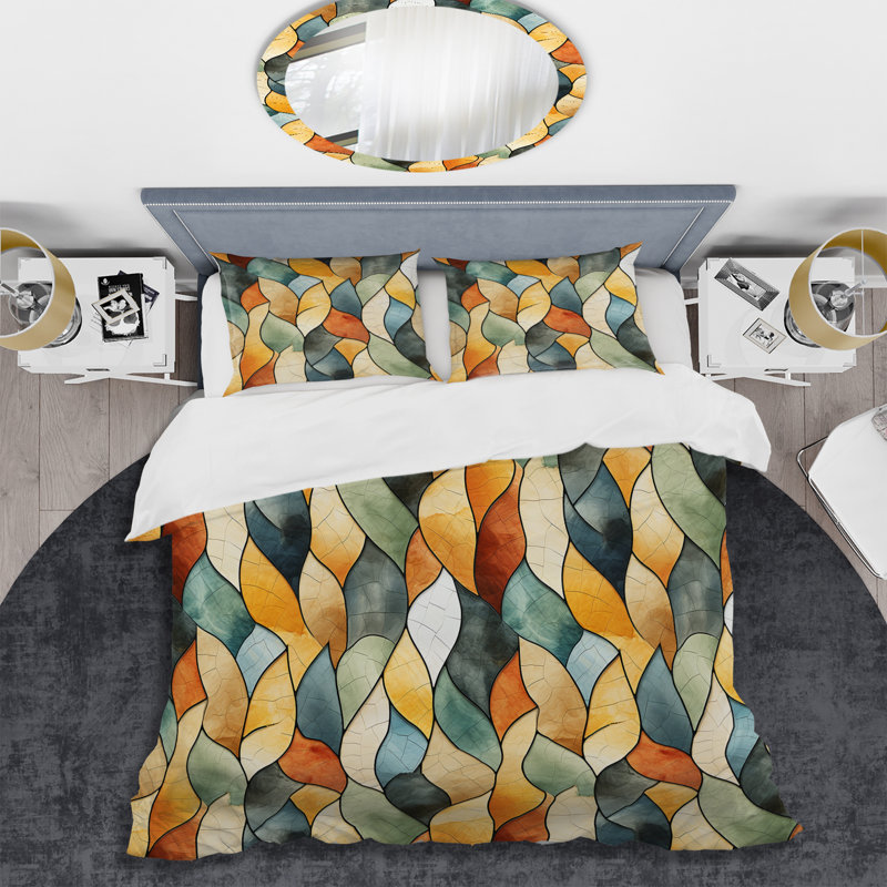 Geometric Orange And Green Mosaic Pattern I - Ensemble de housse de couette géométrique