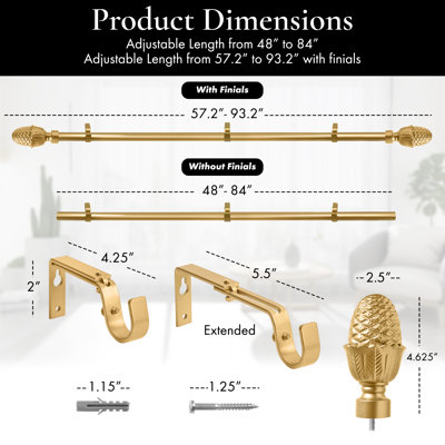 Naika Meriville 1" Diameter Telescoping Single Window Treatment Curtain Rod, Acorn Finials