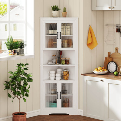 67" Tall Corner Hutch with  4 Fluted Glass Doors 3-Level Adjustable Shelves White