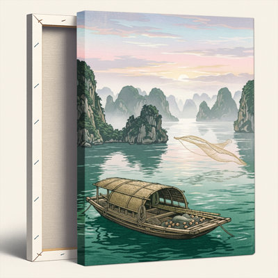 Ensemble de 1 tableau sur toile représentant un paysage de bateau