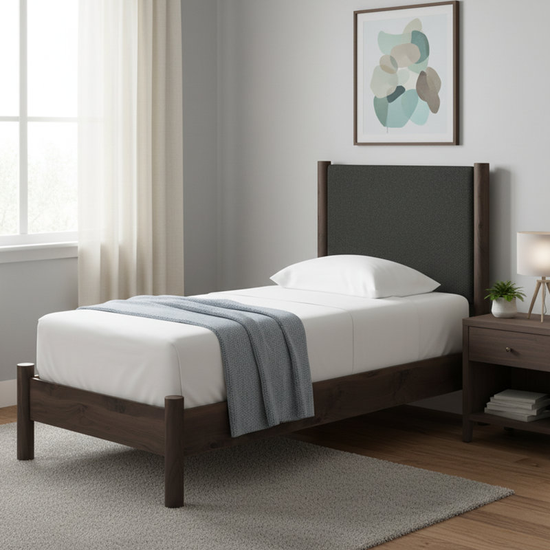 Lit plateforme tapissier simple Cadmori, Lit simple, Brun / Noir