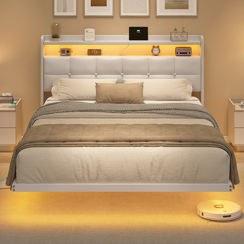Floating Bed Frame 135×190CM /150×200CM with LED Lights & Charging Station, Metal Platform Bed frame with Upholstered Headboard, Easy Assembly,Noise Free,No Box Spring Needed,Linen