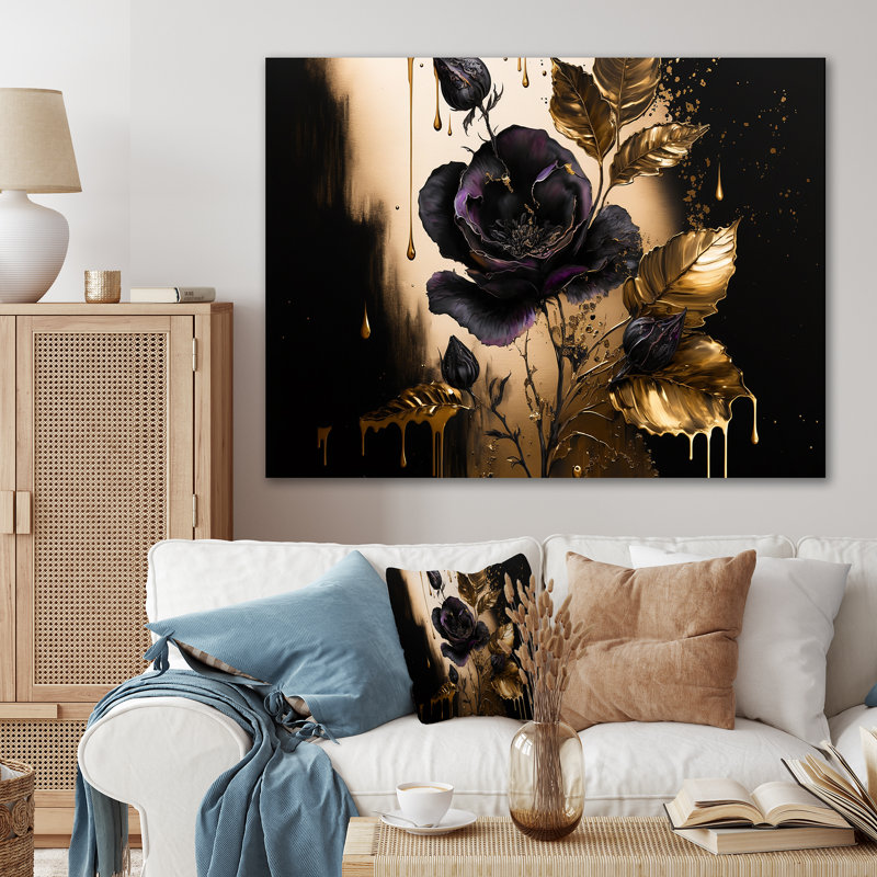 Polina noir et or violettes I - impression, H 12 po x l 20 po x P 1 po, Toile tendue