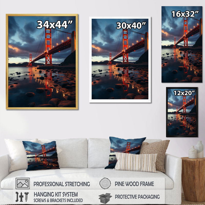«USA Golden Gate Symphony Cloudy Sunset», reproduction sur toile, H 44 po x l 34 po x P 1,5 po, Cadre naturel flottant