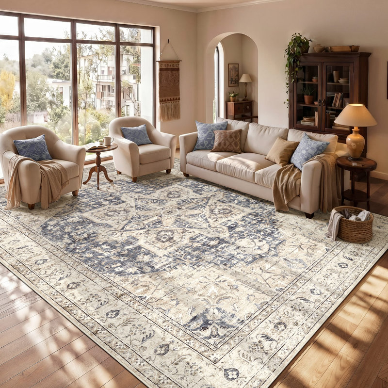 Tapis floral délavé Adona, Rectangle de 10 pi x 14 pi, Beige; bleu marine