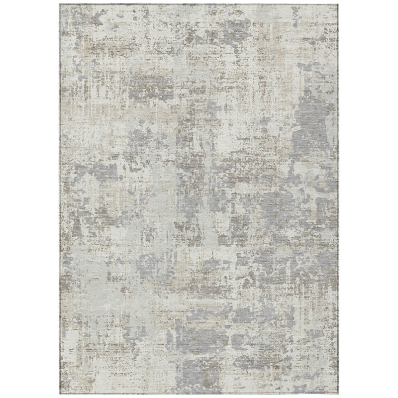 Ivory and Gray Abstract Washable Synthetic Rug