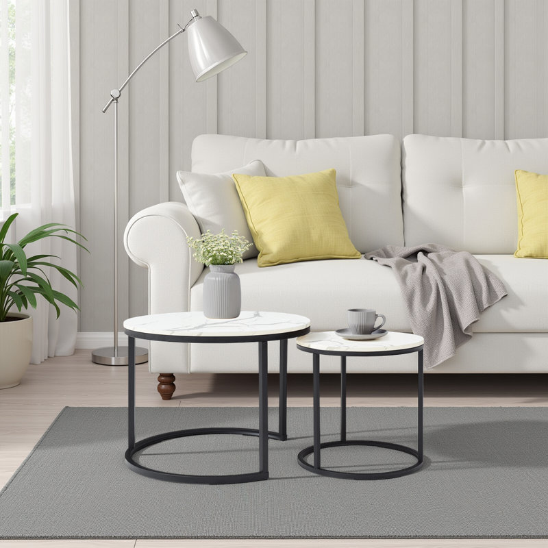 Modern Nesting Coffee Tables Set – Space-Saving Round Design with Marble Pattern & Black Metal Frame, White
