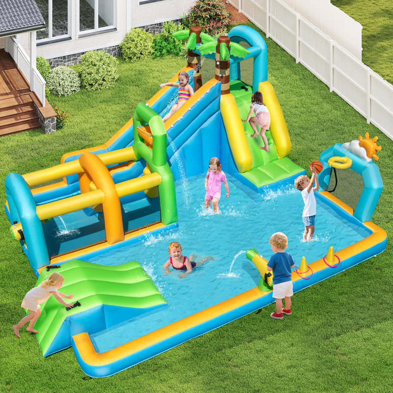 Parc aquatique gonflable avec jeu de cible de basketball mural et ventilateur de 750 W