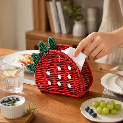 Porte-serviettes en bois tressé à la main, en rotin artificiel, en forme de fraise. Décoratif, imperméable et facile à nettoyer. Parfait pour la cuisine.