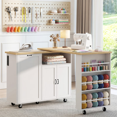 Table de couture rotative à 360° de 79 pouces, poste de couture mobile avec armoires de rangement