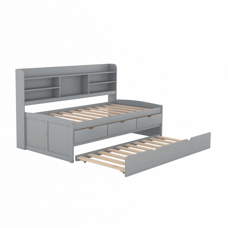 Wooden Captain Daybed Bed with Built-in Bookshelves, Gray, Twin