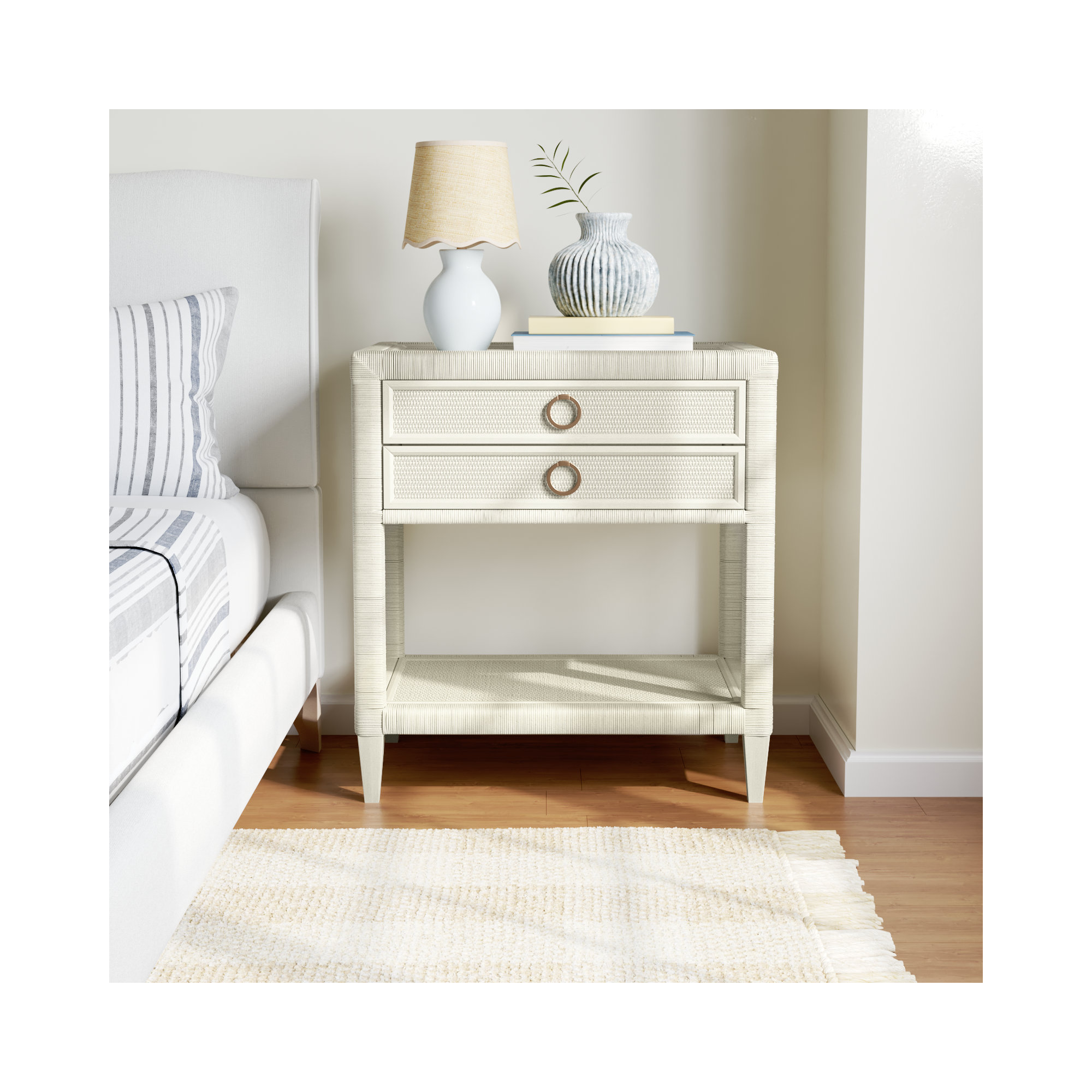 Warwick 2 - Drawer Nightstand, Antique Frost White, Satin Brass