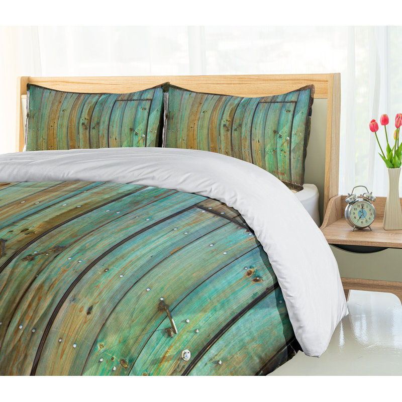 Queen Rustic Brown and Mint Wooden Duvet Cover Set