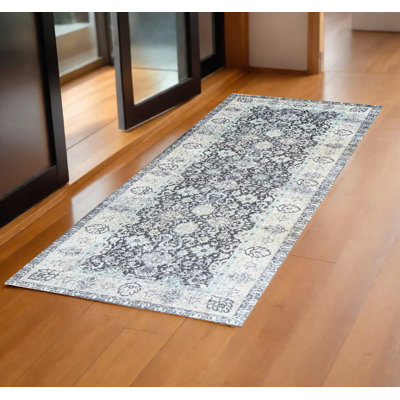 2' X 6' Gray Oriental Washable Runner Rug With UV Protection