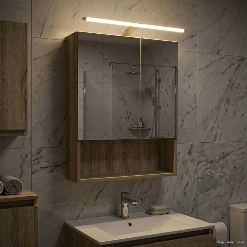 Mirrored Bathroom Cabinets with Mirror and 2, 70cmH x 50cmW x 14.5cmD, Sonoma Oak