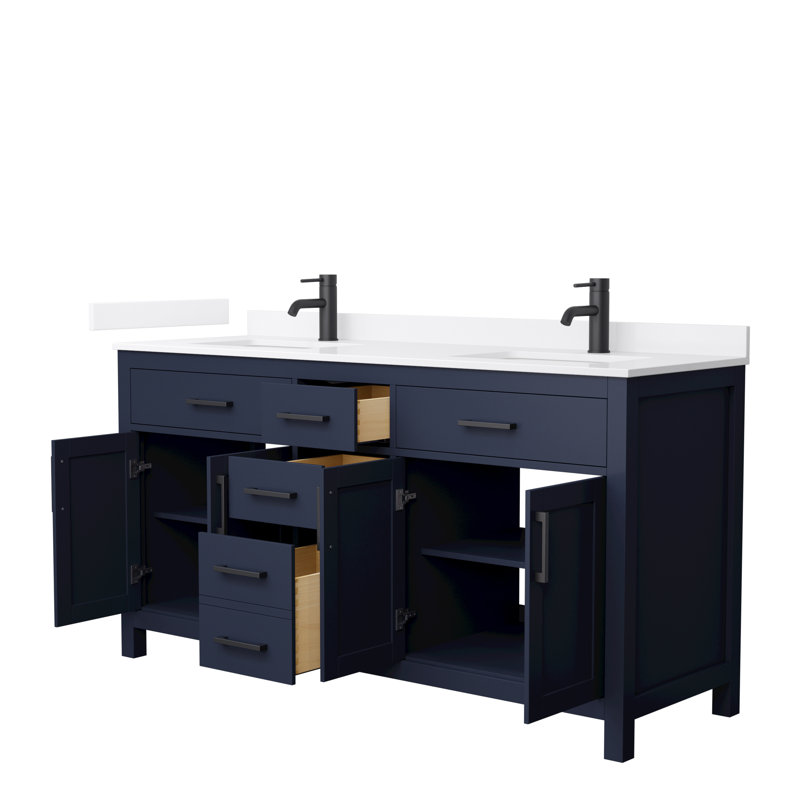 Beckett 66" Freestanding Double Bathroom Vanity with Quartz Top, White Quartz, Matte Black, Dark Blue