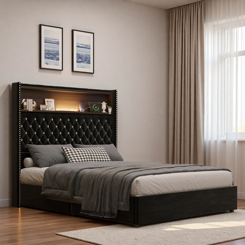 Lit capitonné avec port USB, veilleuse et tête de lit haute Rivet, Noir, Lit double