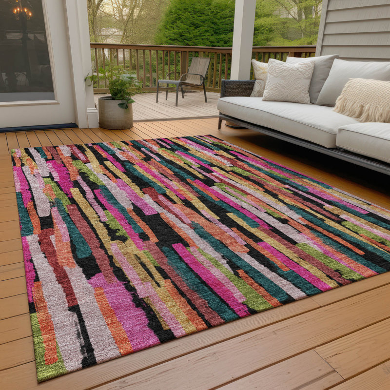 Pink and White Striped Washable Synthetic Area Rug 3' x 5'