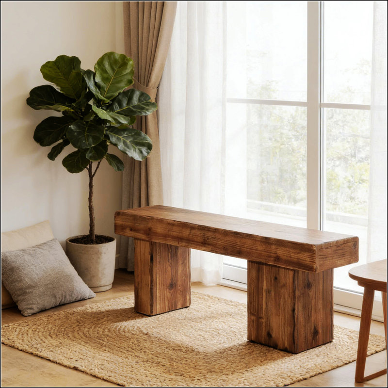 Rustic Fir Wood Hall Bench With Thick Top And Asymmetrical Legs For Versatile Seating And Decor, Rustic Brown