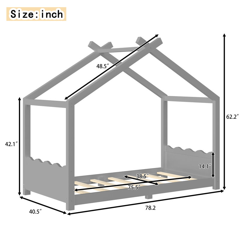 Twin Size Kids House Floor Bed with Solid Wood Frame, Playhouse Design, Support Slats, No Box Spring, Gray, Gray, Twin