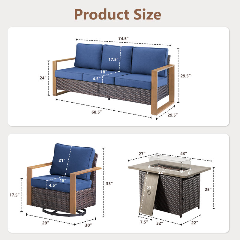 4-Piece Outdoor Rattan Modern Patio Fire Pit Conversation Set With Sofa & Swivel Chair, Blue, Brown
