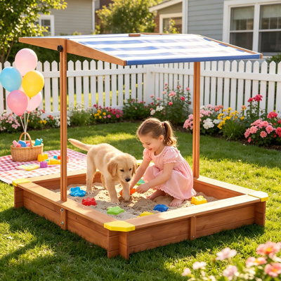 Large Wooden Sandbox with Cover & Adjustable Canopy for Kids, 46" Outdoor Cedar Sandpit for Backyard Play