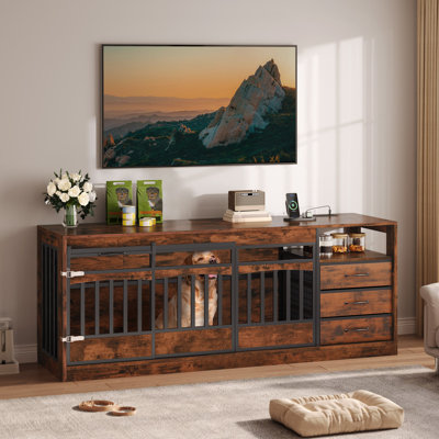 68.9" Double Dog Crate Furniture for 2 Dogs with Storage & TV Stand