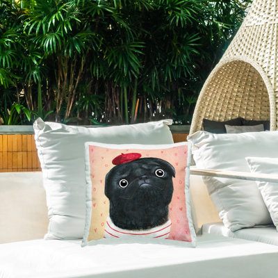 Coussin décoratif Happy Pug In Paris par Leeza Hernandez