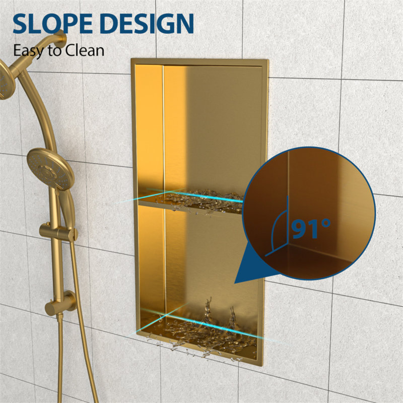 13" X 25" Stainless Steel Shower Niche Double Shelf, Gold, Gold, 13" H x 25" W x 3.94" D