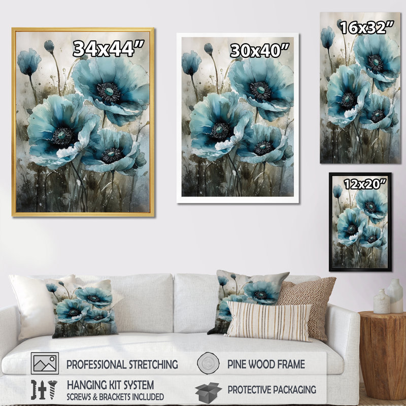 Fleurs de pavot bleu pâle et blanches II sur toile, Cadre naturel flottant, H 44 po x l 34 po x P 1,5 po