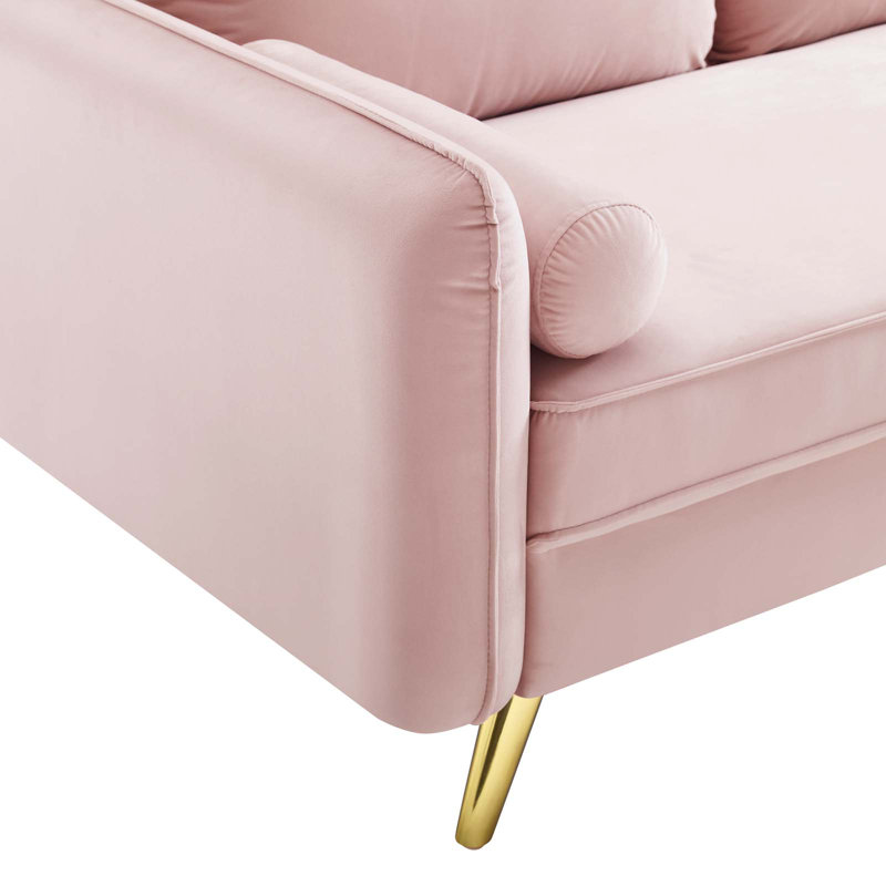 Pink Velvet Loveseat with Gold Legs and Bolster Pillows