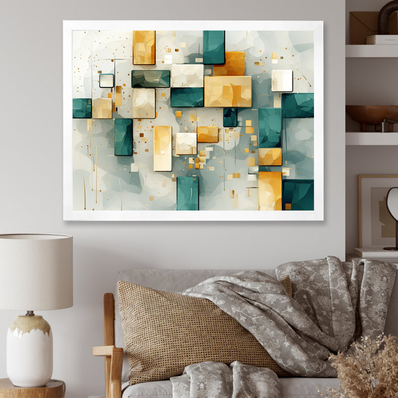 Motif géométrique rétro bleu sarcelle - impression, H 34 po x l 44 po x P 1,5 po, Cadre simple blanc
