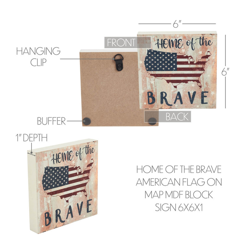 «My Country Home Of The Brave», drapeau américain sur carte MDF 6 x 6 x 1