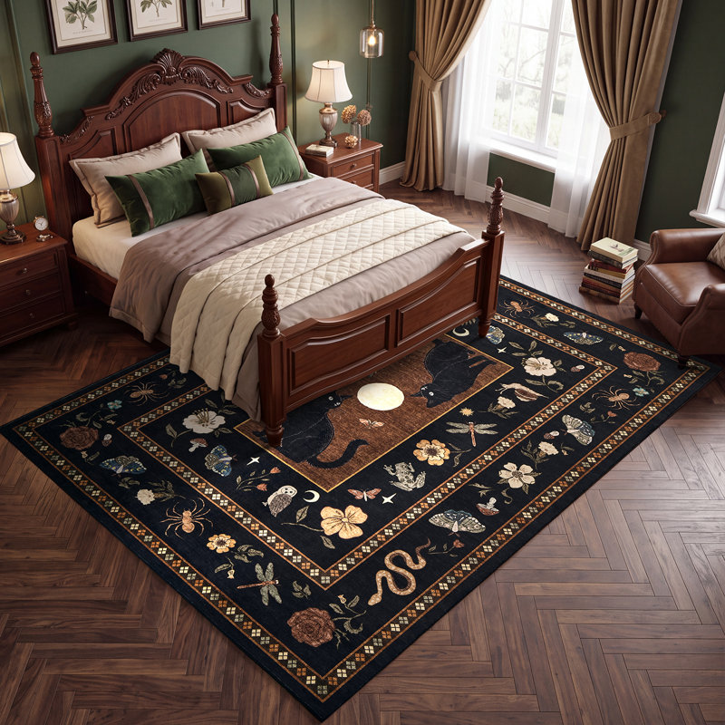 Tapis lavable 240 x 300 cm, motif chat et lune, style botanique, antidérapant, idéal pour salon, chambre, salle à manger ou bureau.