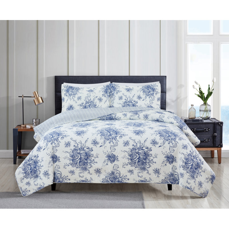 Benedictine Farmhouse / Country Cotton Quilt, King Quilt + 2 Shams, Navy