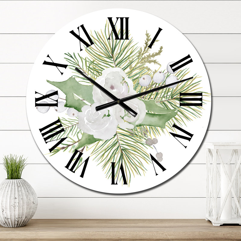 Christmas Floral Bouquet with Cotton Branches IV - Traditional Wall Clock, Medium