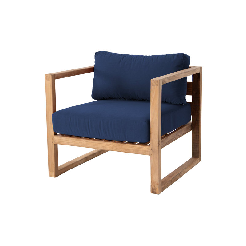 Chaise de terrasse en teck Nurein avec coussins Sunbrella, Bleu marine
