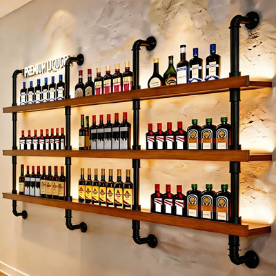 Wall Mounted Wine Rack with LED Light - 3-Tier Solid Wood Industrial Rustic Floating Shelves, Bottle Storage Organizer for Kitchen, Bar, Pub, Cellar,