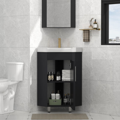  17" Freestanding Corner Single Bathroom Vanity With Ceramic Sink Top-Mirror Cabinet Not Included