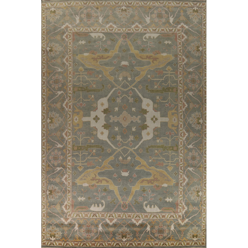 Grand tapis indien Oushak All-Over gris et vert 12 x 17