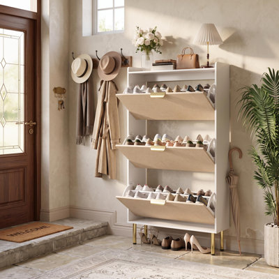 Rangement pour chaussures avec 3 tiroirs rabattables, étagère étroite autoportante avec pieds en métal, rangement pour chaussures Farmhouse Slim avec tablettes réglables pour le vestibule, le vestibule, le couloir