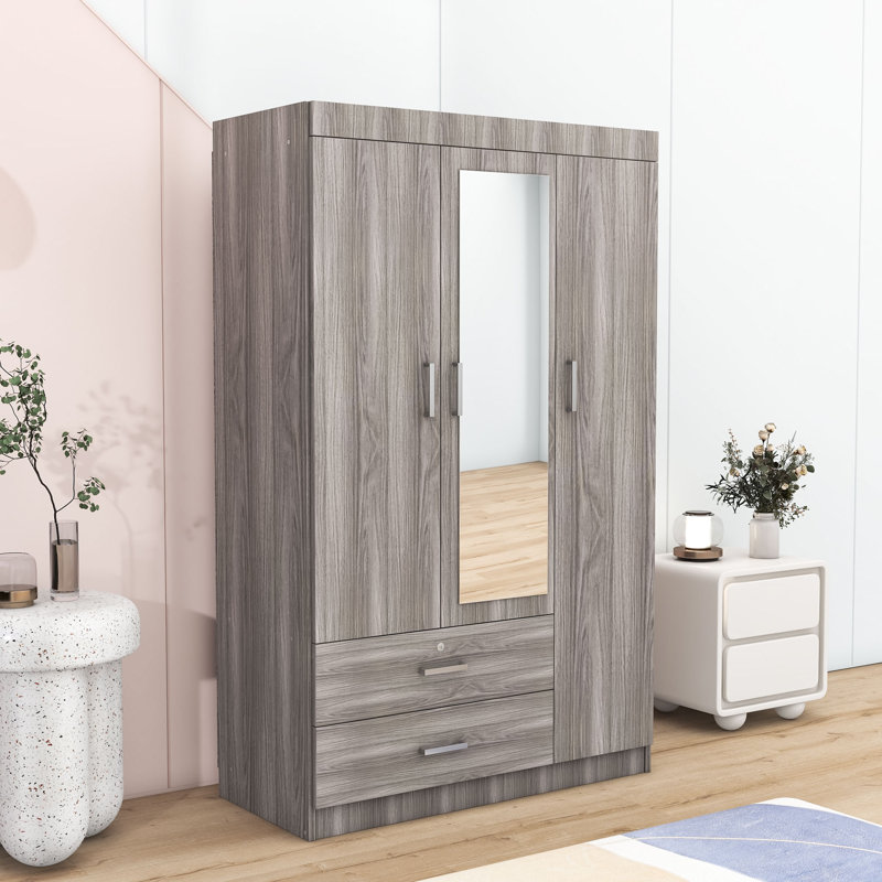 Armoire 3 portes avec tablettes et deux tiroirs, Gris