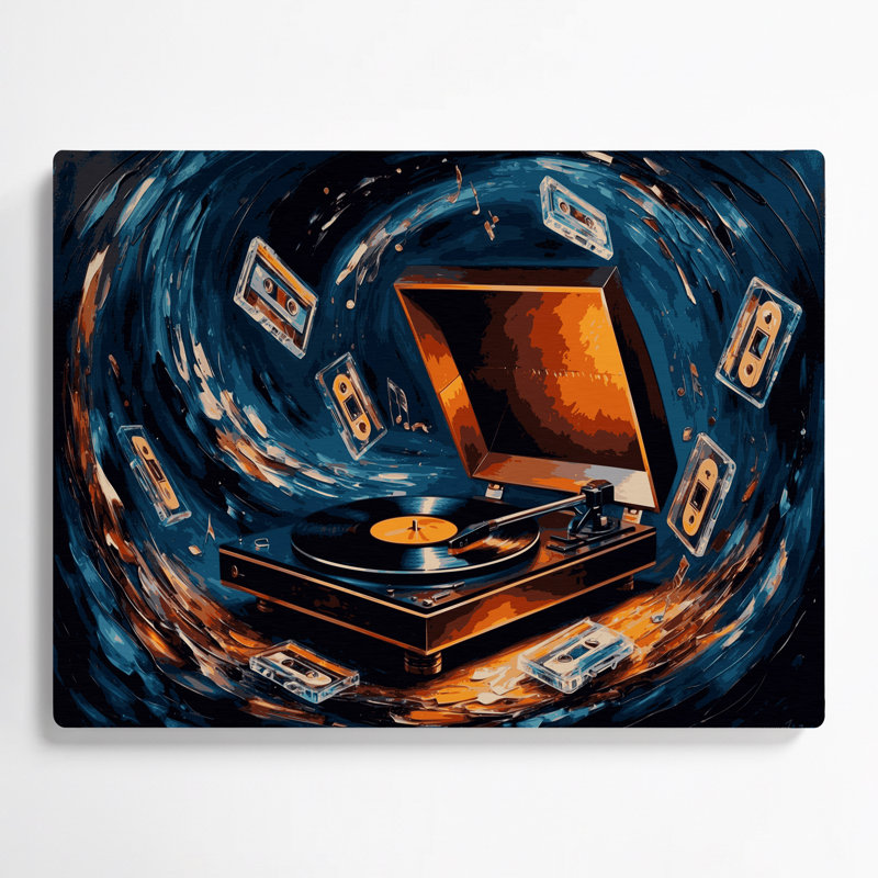 Art mural en métal gris, tourne-disque et cassettes, H 8 po x l 10 po