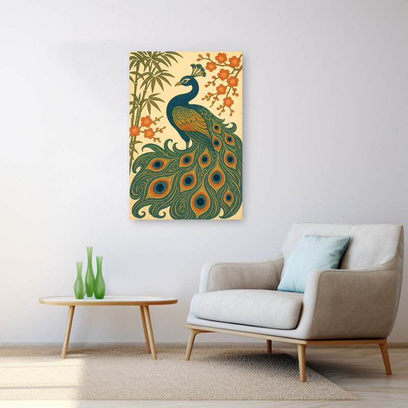 «Elegant Peacock Plum Blossoms Elegant Vibrant Contemporary Bamboo Bird Cherry Flower Nature», art mural, H 48 po x l 32 po
