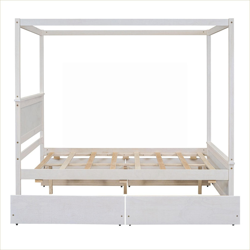 Lit plateforme à baldaquin moderne avec rangement, format double avec 4 tiroirs intégrés, bois massif blanc pur